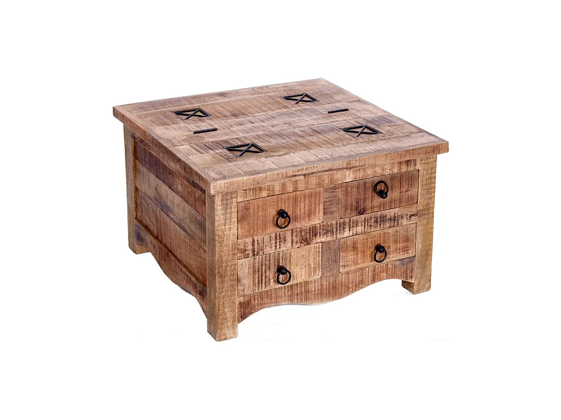 Table basse carrée LODEN 70 cm en bois massif de manguier avec coffre et 4 tiroirs – style industriel