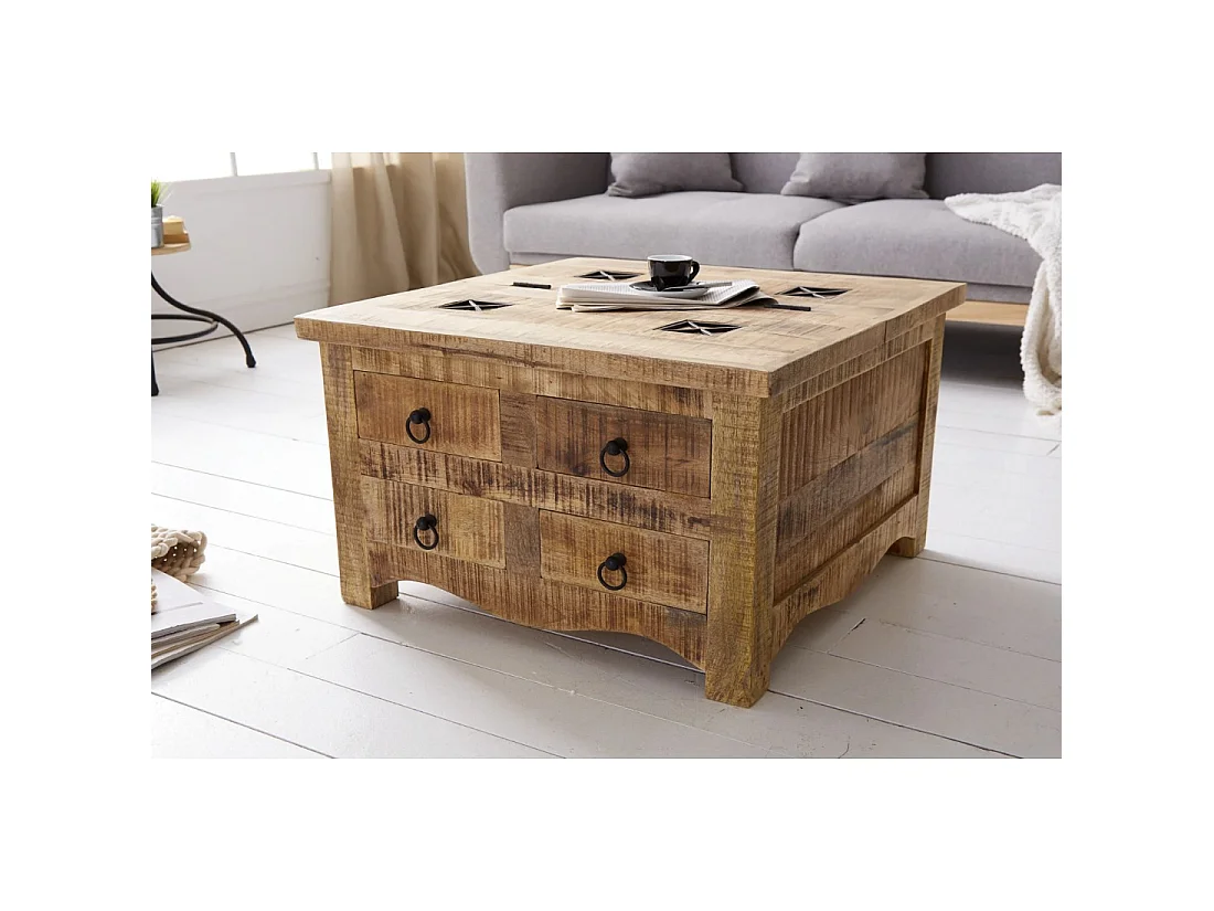 Table basse carrée LODEN 70 cm en bois massif de manguier avec coffre et 4 tiroirs – style industriel