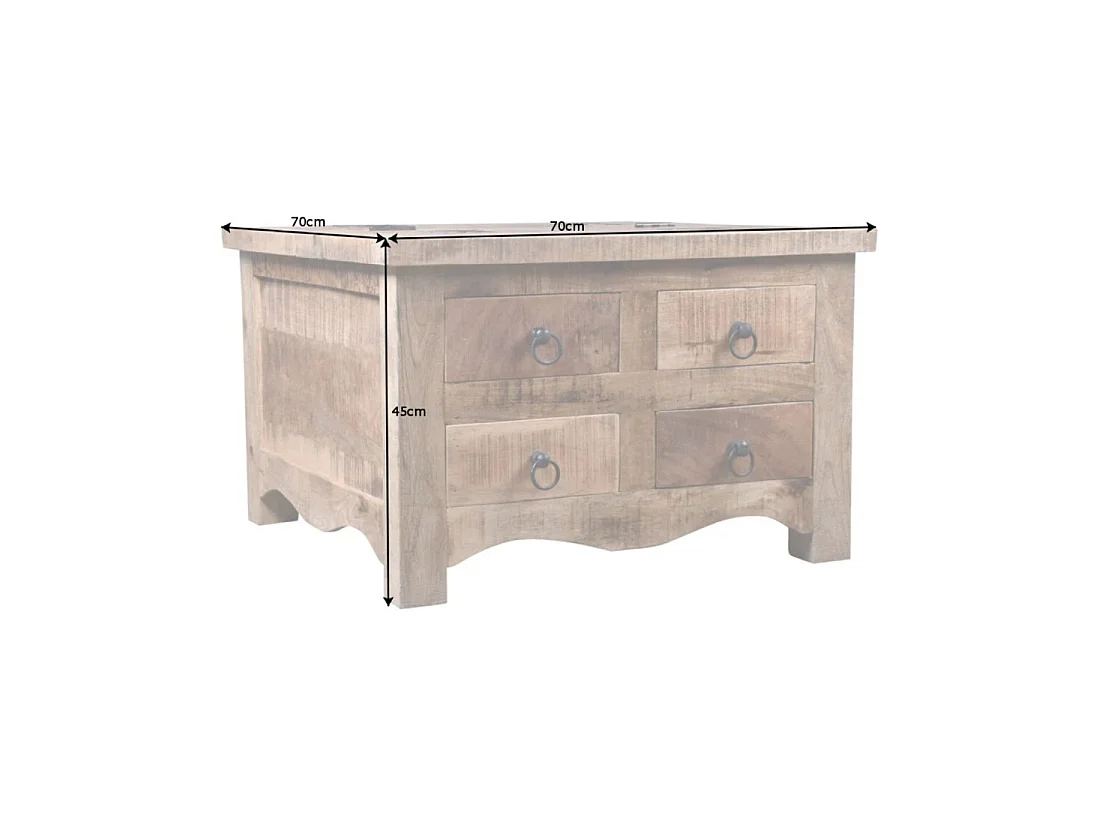Table basse carrée LODEN 70 cm en bois massif de manguier avec coffre et 4 tiroirs – style industriel