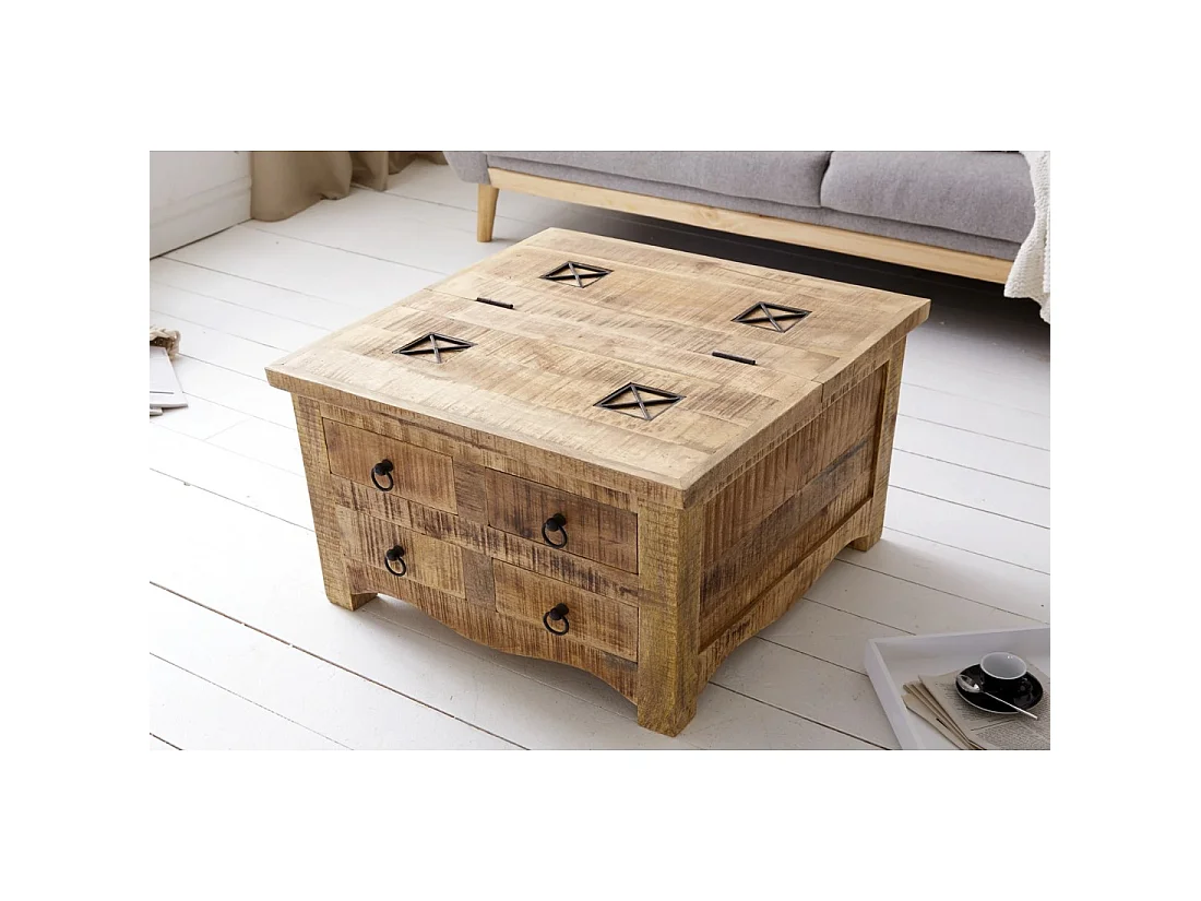 Table basse carrée LODEN 70 cm en bois massif de manguier avec coffre et 4 tiroirs – style industriel