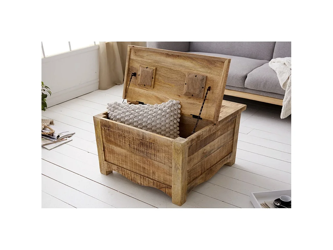 Table basse carrée LODEN 70 cm en bois massif de manguier avec coffre et 4 tiroirs – style industriel