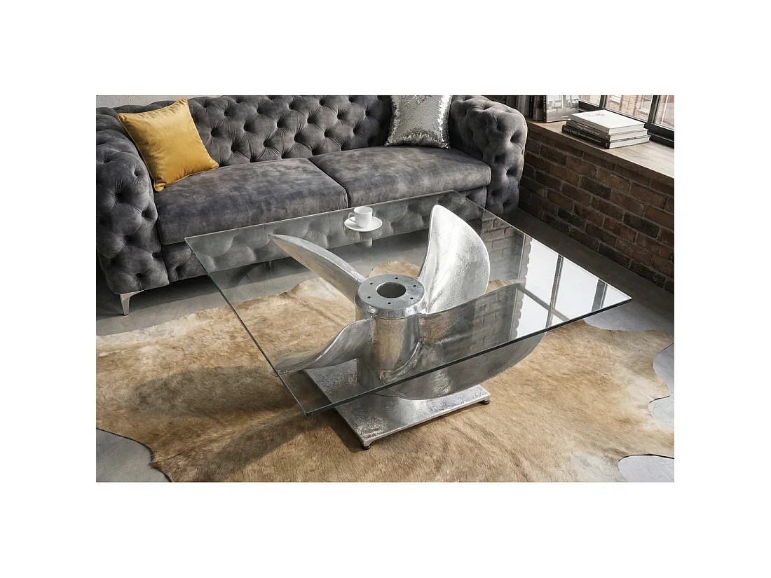 Table basse ALUMIA 85 cm verre trempé et aluminium – design industriel pied hélice