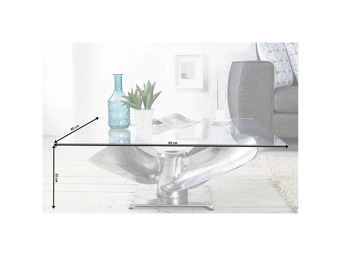 Table basse ALUMIA 85 cm verre trempé et aluminium – design industriel pied hélice