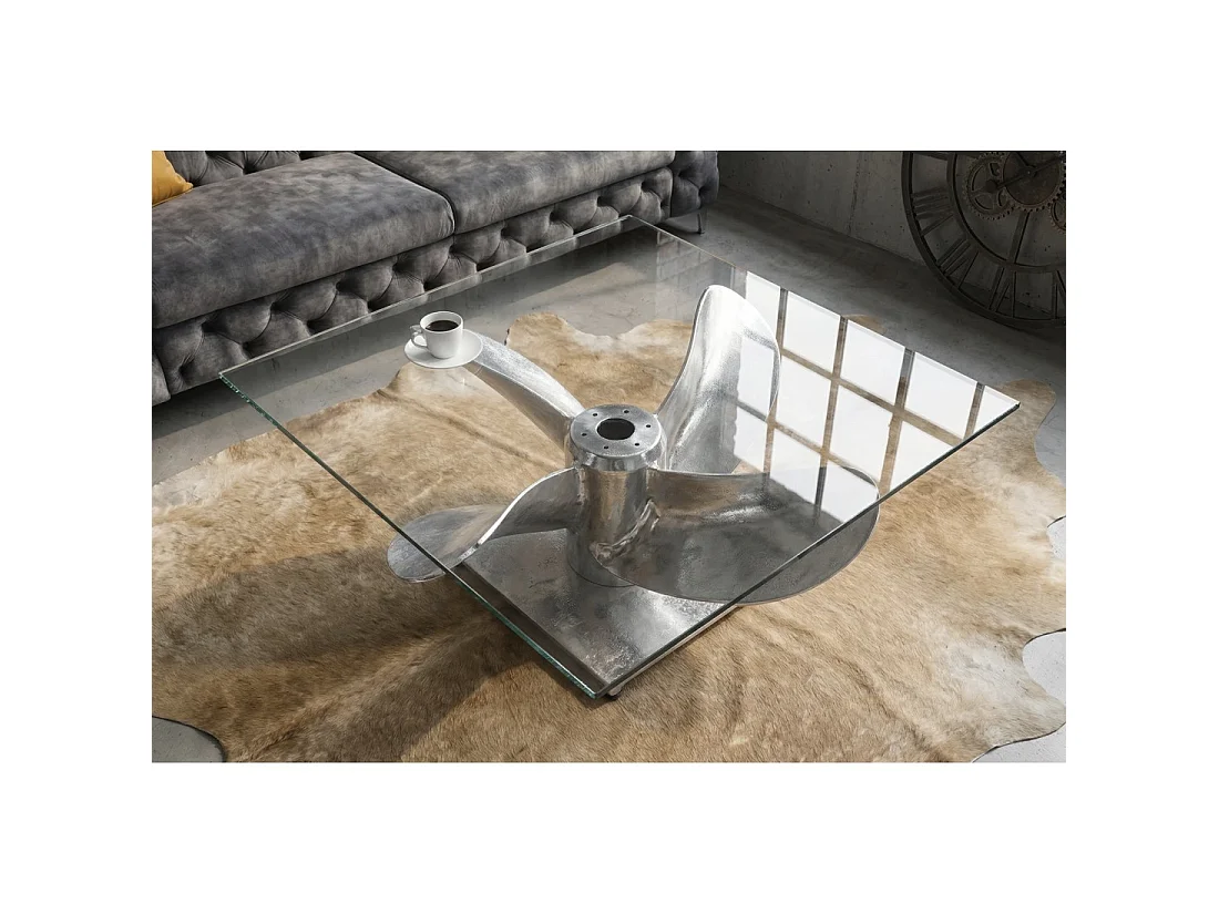 Table basse ALUMIA 85 cm verre trempé et aluminium – design industriel pied hélice