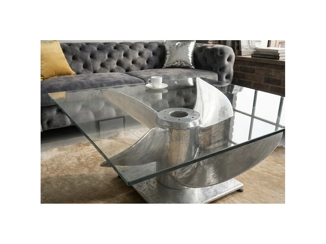 Table basse ALUMIA 85 cm verre trempé et aluminium – design industriel pied hélice