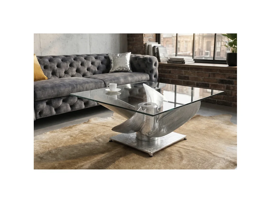 Table basse ALUMIA 85 cm verre trempé et aluminium – design industriel pied hélice