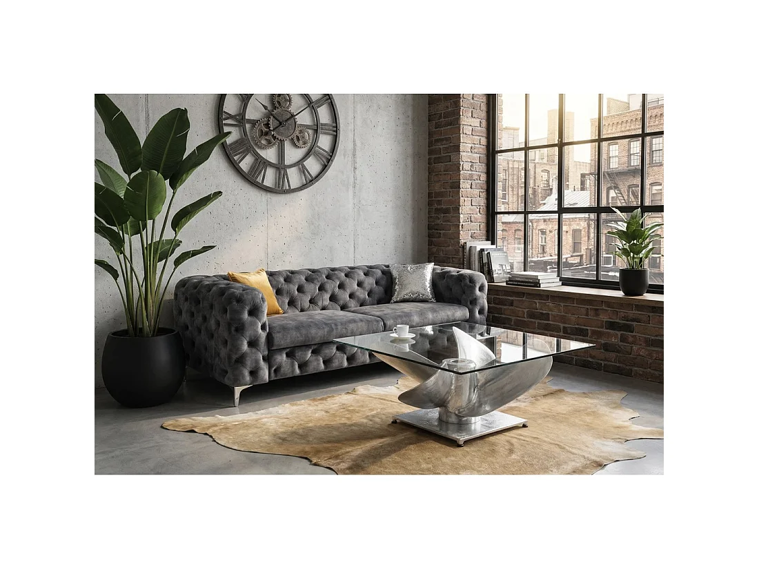 Table basse ALUMIA 85 cm verre trempé et aluminium – design industriel pied hélice