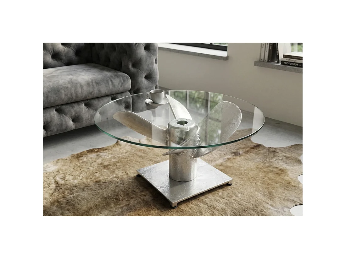 Table basse ALUMIA ronde 60 cm aluminium argenté et verre trempé – design industriel pied hélice