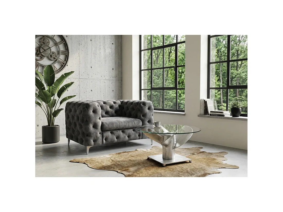 Table basse ALUMIA ronde 60 cm aluminium argenté et verre trempé – design industriel pied hélice