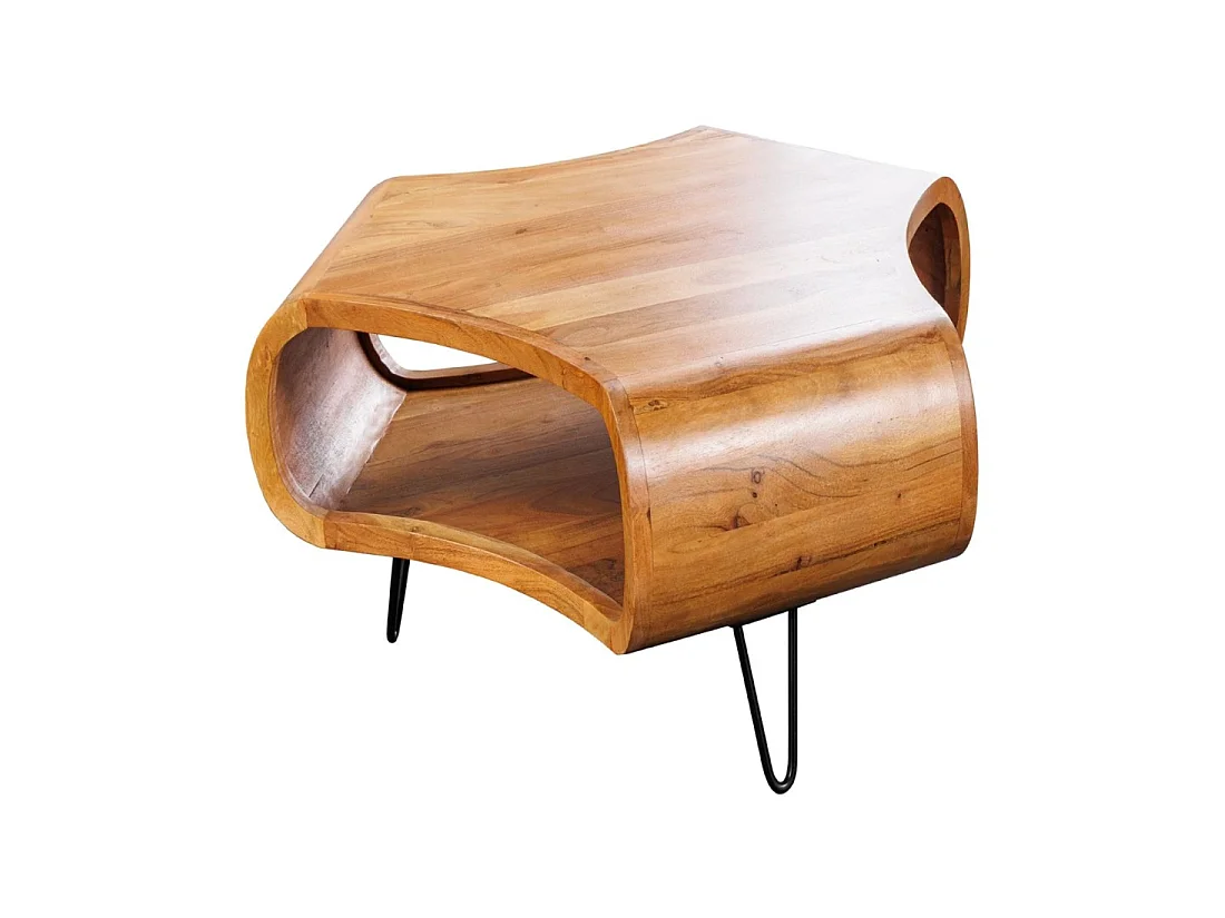 Couchtisch NERA 70 cm aus massivem Akazienholz mit Ablage und schwarzen Metallbeinen – Retro-Industriestil