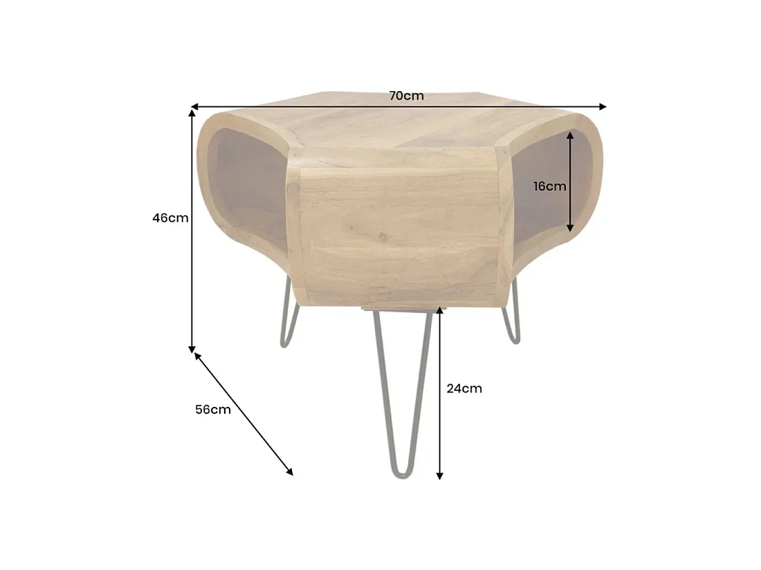Couchtisch NERA 70 cm aus massivem Akazienholz mit Ablage und schwarzen Metallbeinen – Retro-Industriestil