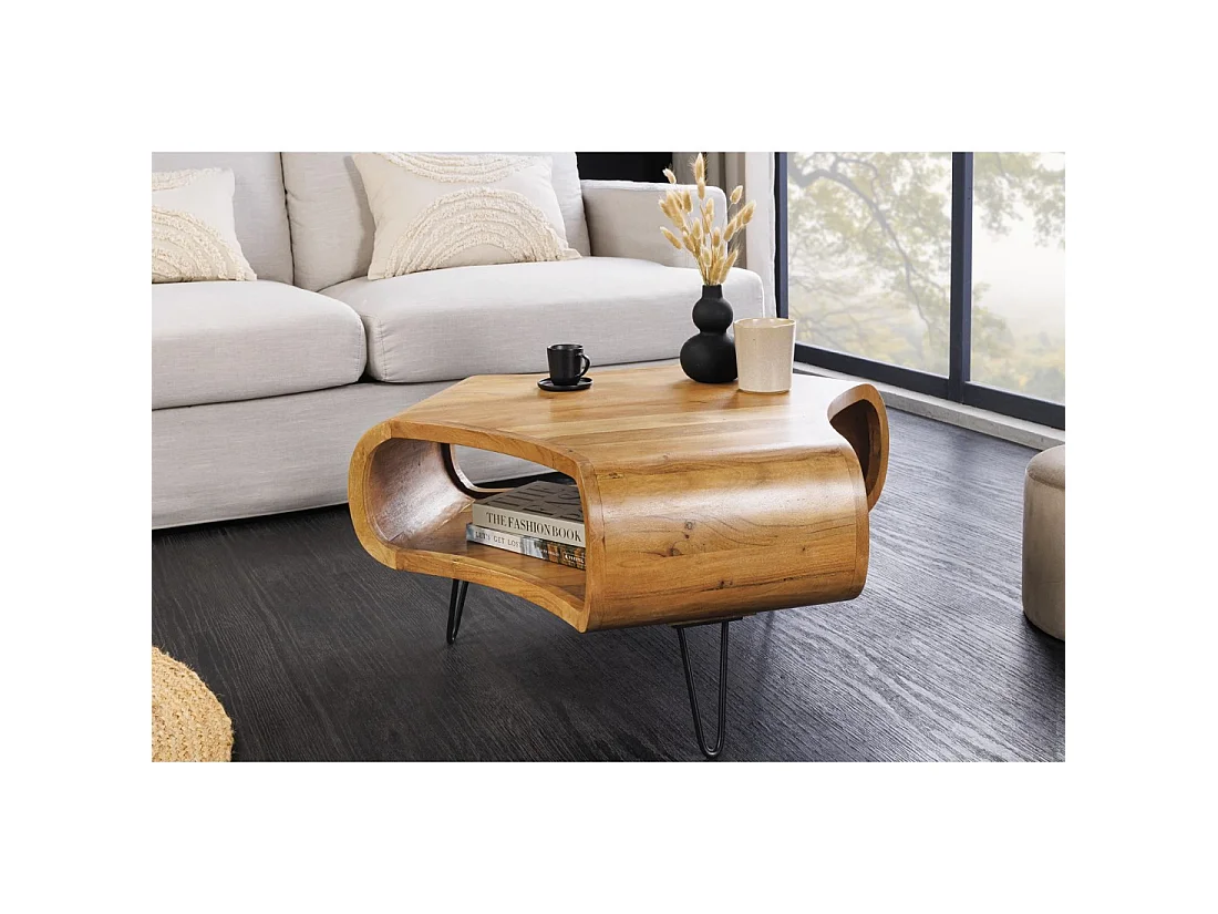 Couchtisch NERA 70 cm aus massivem Akazienholz mit Ablage und schwarzen Metallbeinen – Retro-Industriestil