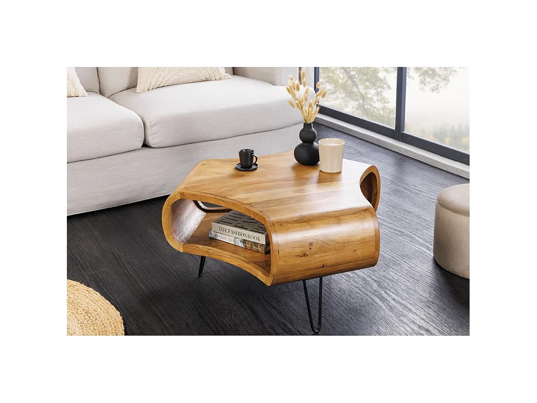 Couchtisch NERA 70 cm aus massivem Akazienholz mit Ablage und schwarzen Metallbeinen – Retro-Industriestil