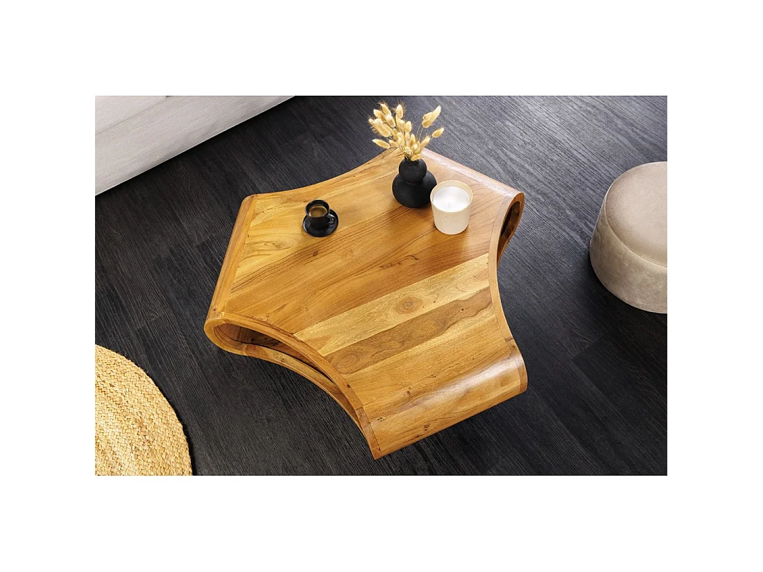 Couchtisch NERA 70 cm aus massivem Akazienholz mit Ablage und schwarzen Metallbeinen – Retro-Industriestil