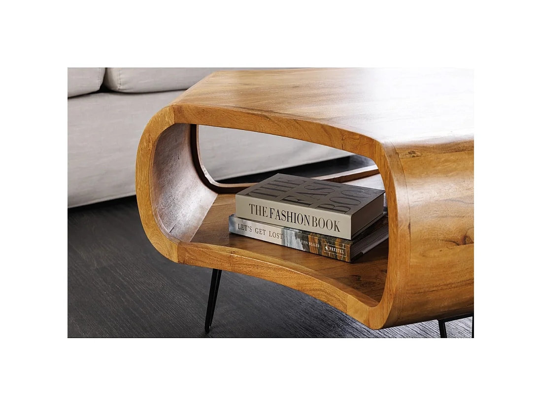 Couchtisch NERA 70 cm aus massivem Akazienholz mit Ablage und schwarzen Metallbeinen – Retro-Industriestil