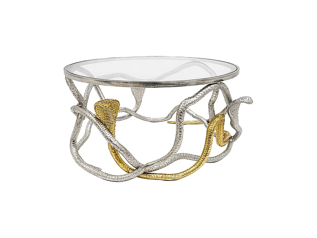 Table basse VIPEREA ronde 67 cm en aluminium argenté et doré avec verre trempé