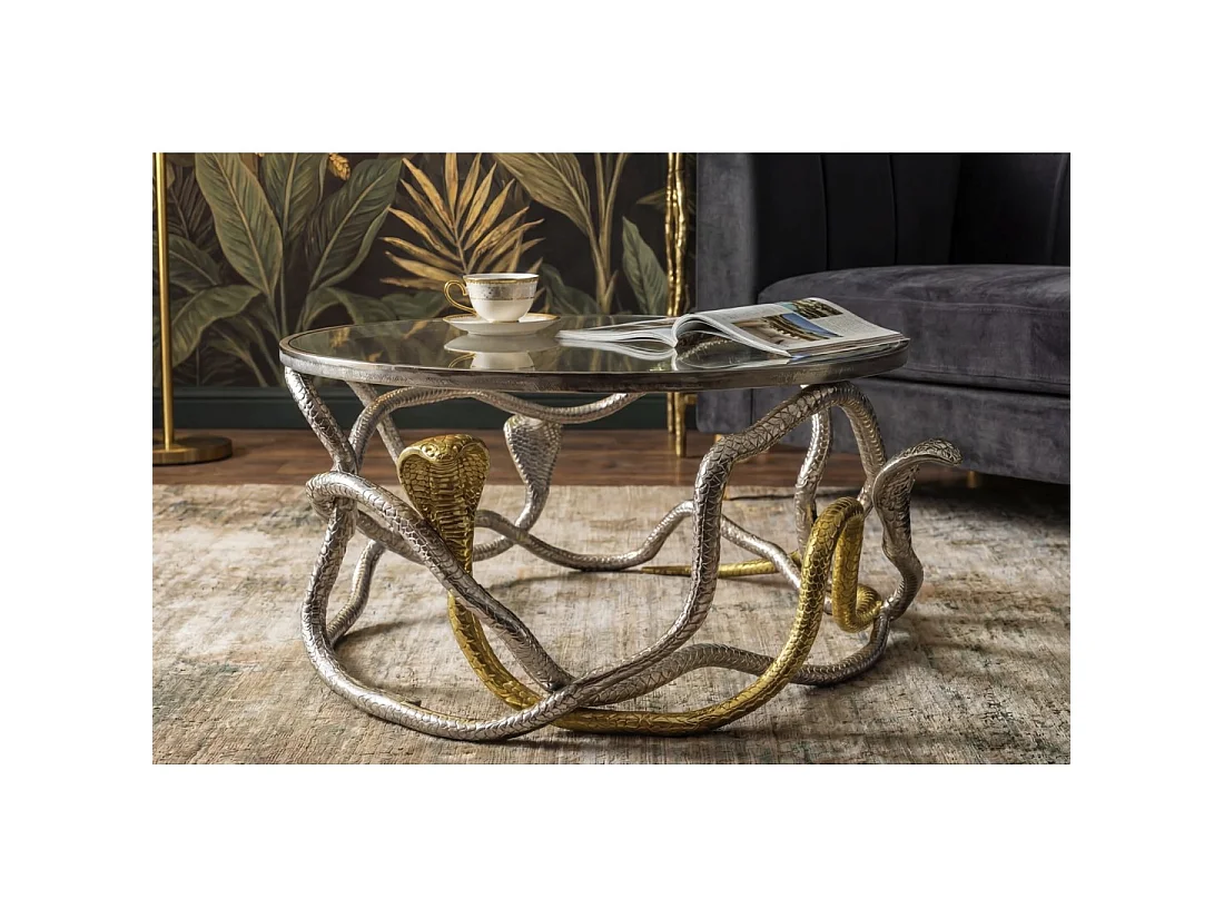 Table basse VIPEREA ronde 67 cm en aluminium argenté et doré avec verre trempé