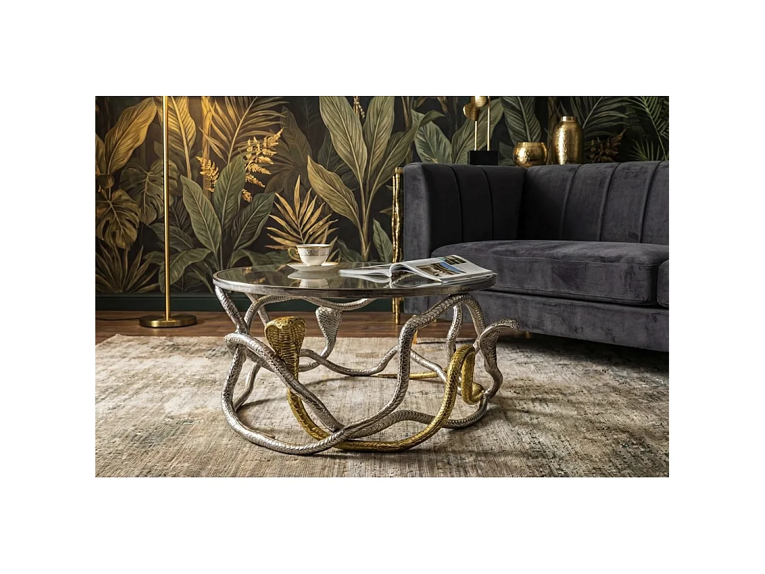 Table basse VIPEREA ronde 67 cm en aluminium argenté et doré avec verre trempé