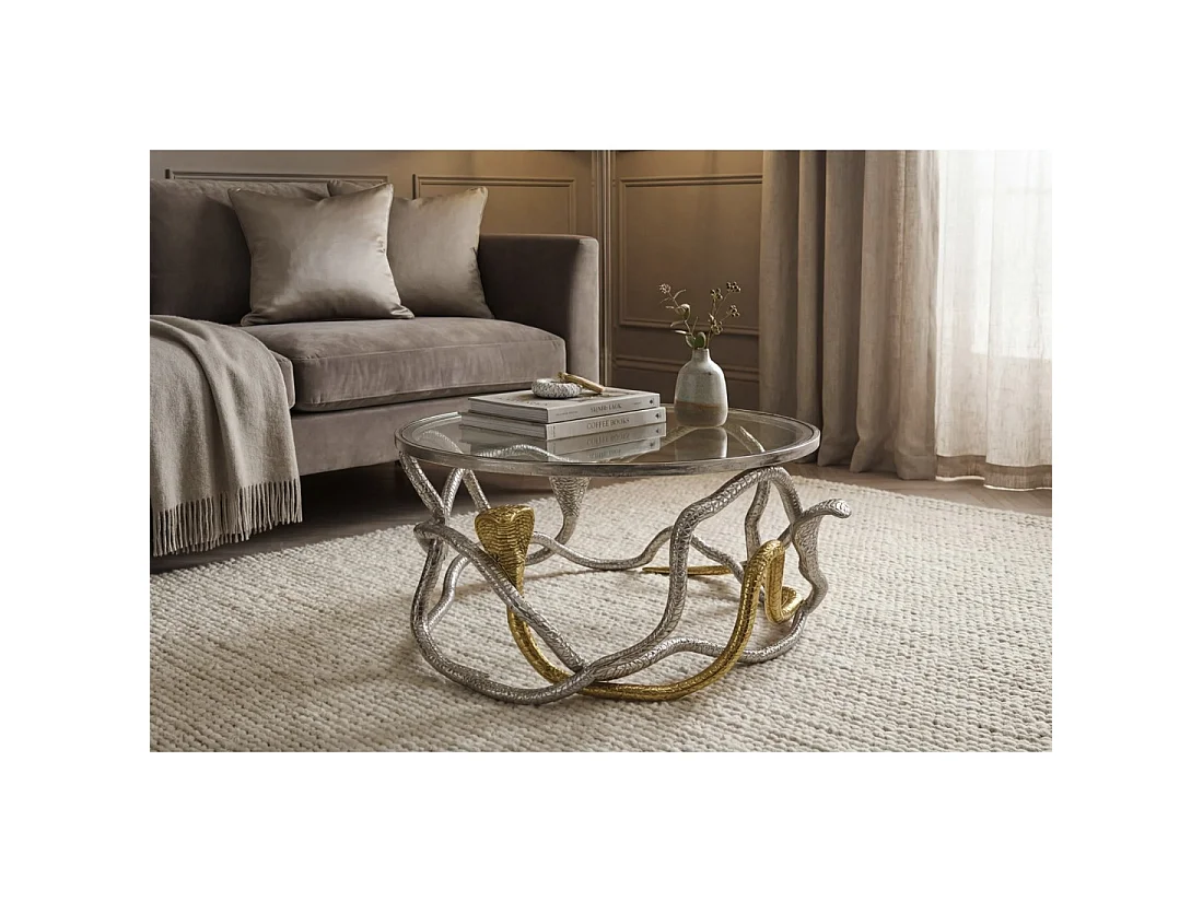 Table basse VIPEREA ronde 67 cm en aluminium argenté et doré avec verre trempé