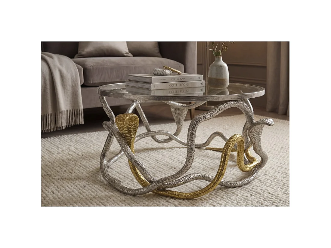 Table basse VIPEREA ronde 67 cm en aluminium argenté et doré avec verre trempé