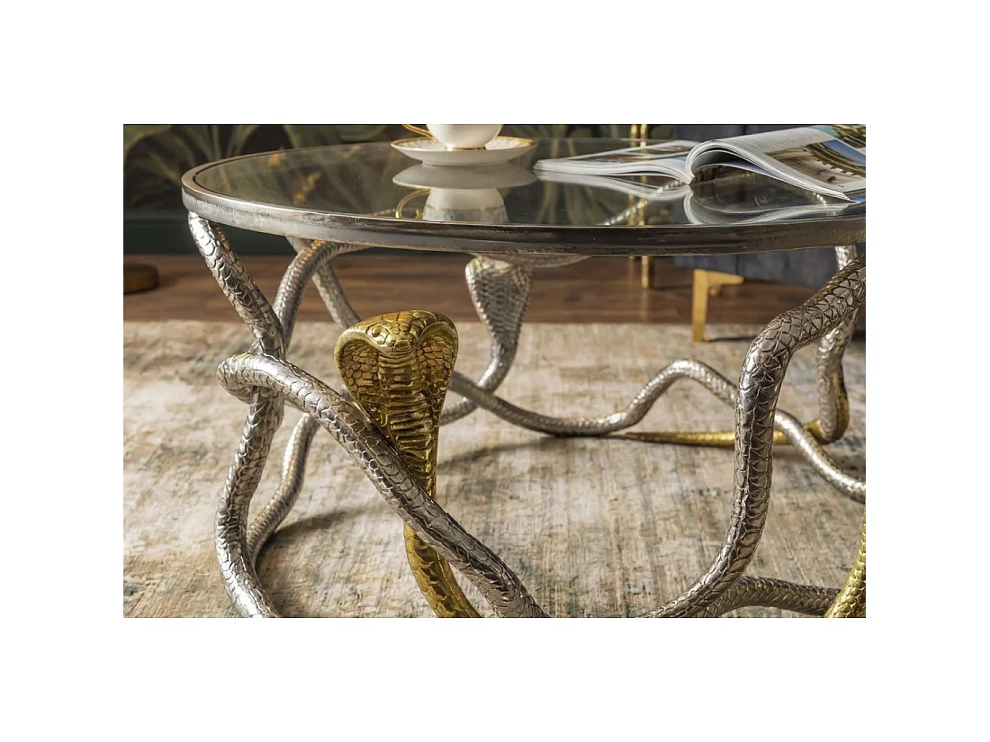 Table basse VIPEREA ronde 67 cm en aluminium argenté et doré avec verre trempé
