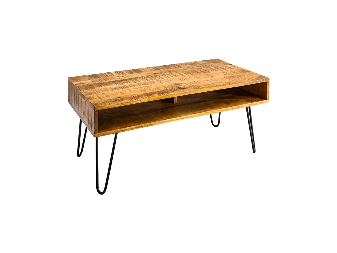 Mesa baja SILVA 100 cm en madera de mango macizo y metal negro – 2 nichos