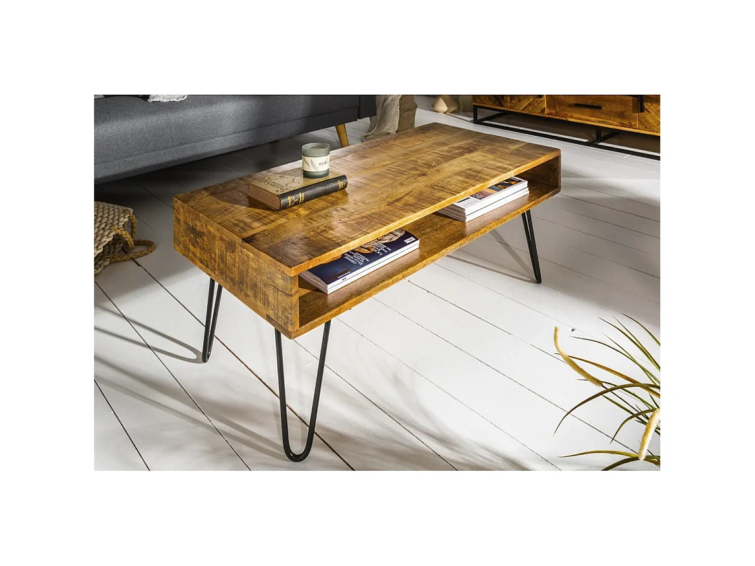 Mesa baja SILVA 100 cm en madera de mango macizo y metal negro – 2 nichos