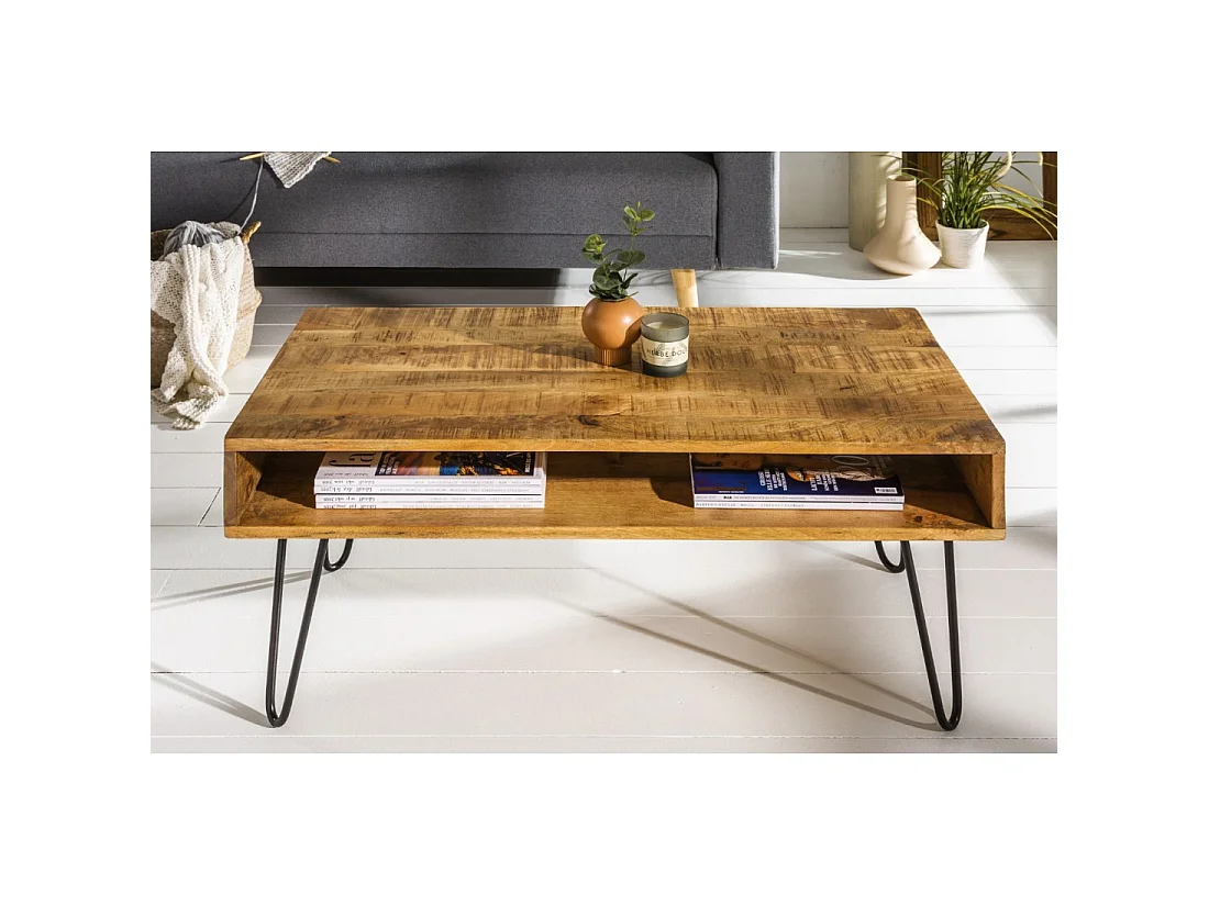 Mesa baja SILVA 100 cm en madera de mango macizo y metal negro – 2 nichos