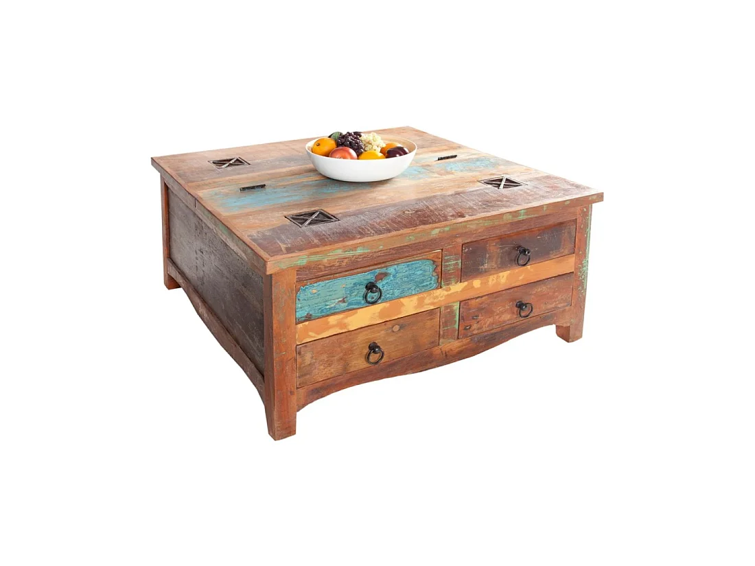 Table basse PATCHWOOD carrée 70 cm en bois recyclé multicolore avec tiroirs et coffre