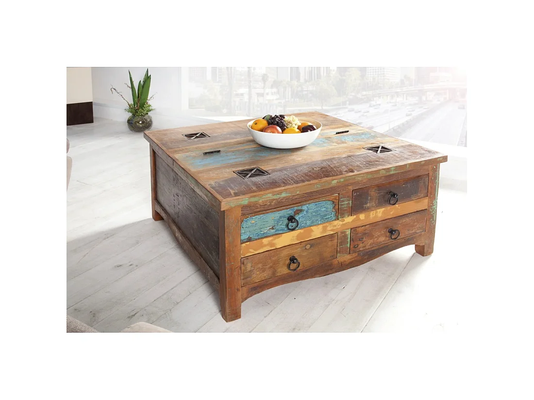 Table basse PATCHWOOD carrée 70 cm en bois recyclé multicolore avec tiroirs et coffre