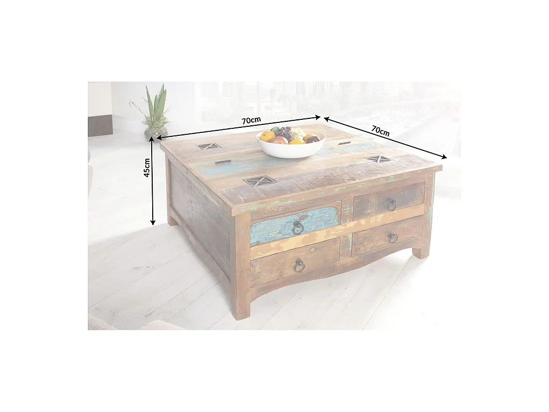 Table basse PATCHWOOD carrée 70 cm en bois recyclé multicolore avec tiroirs et coffre