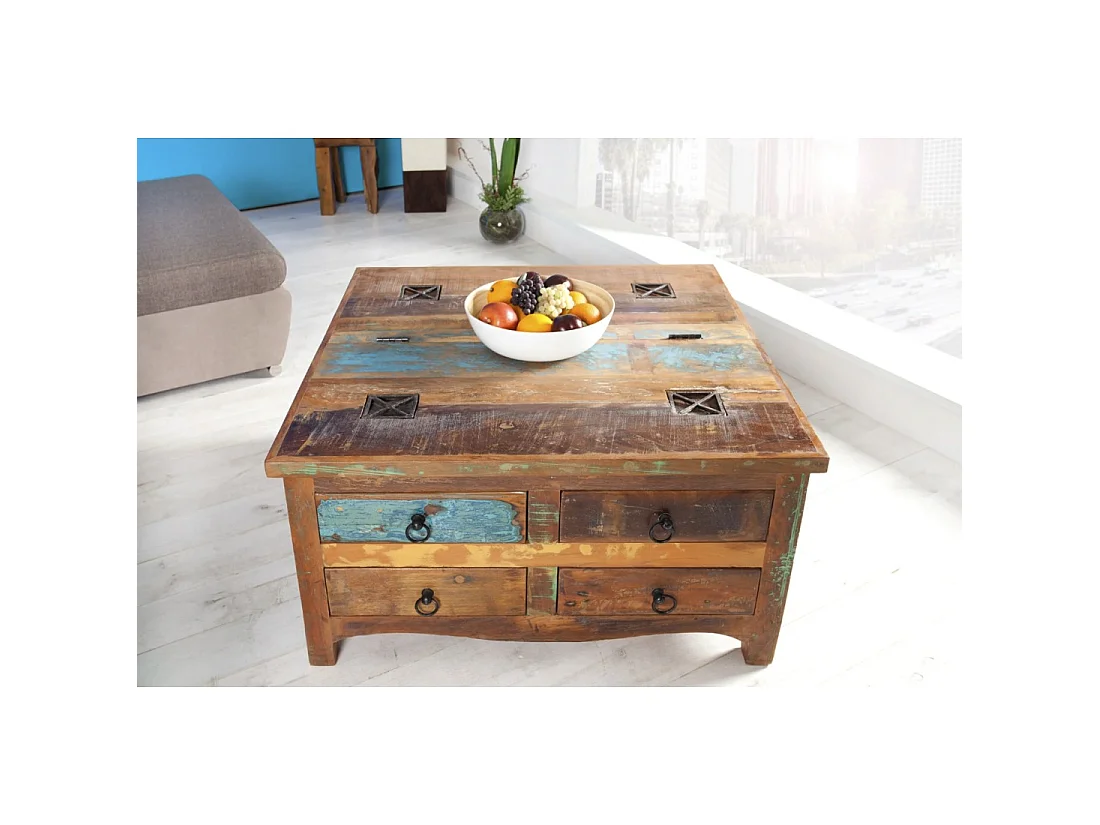 Table basse PATCHWOOD carrée 70 cm en bois recyclé multicolore avec tiroirs et coffre