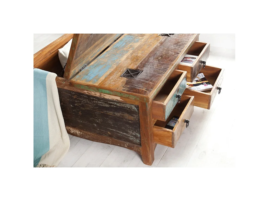 Table basse PATCHWOOD carrée 70 cm en bois recyclé multicolore avec tiroirs et coffre