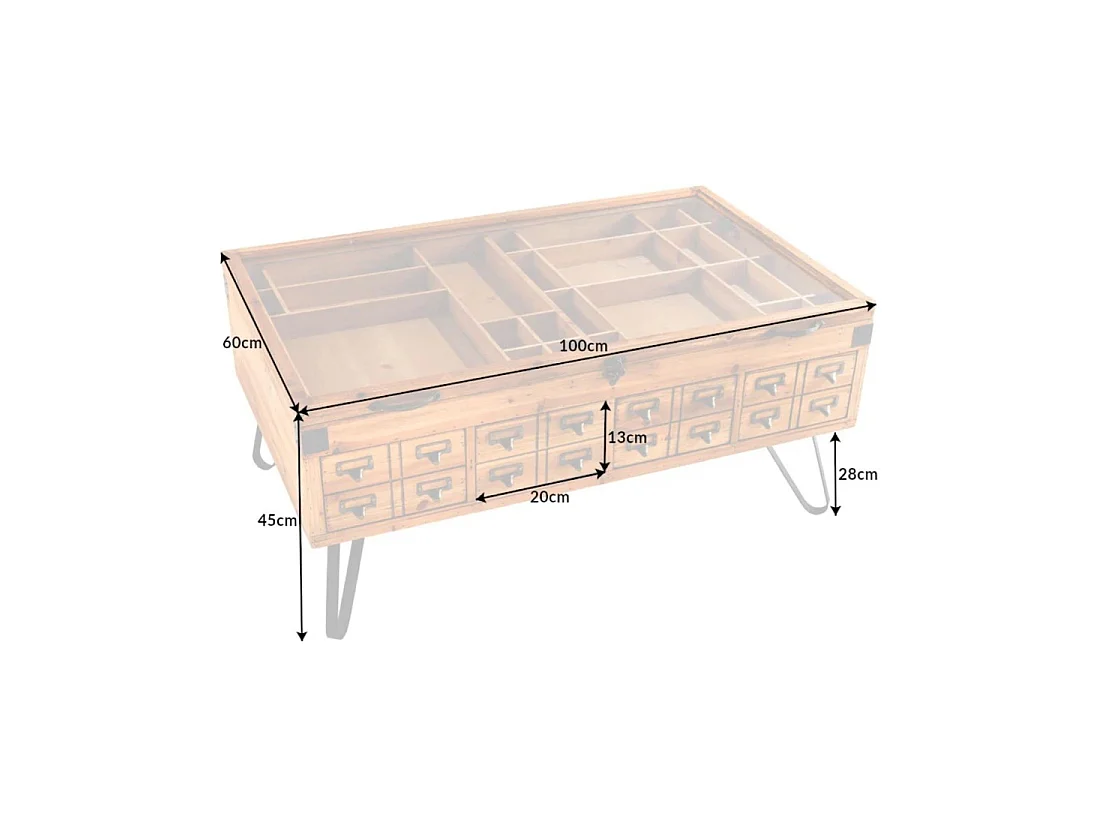 Couchtisch CURIONA 100 cm mit Glasplatte und 8 Schubladen im Industriestil