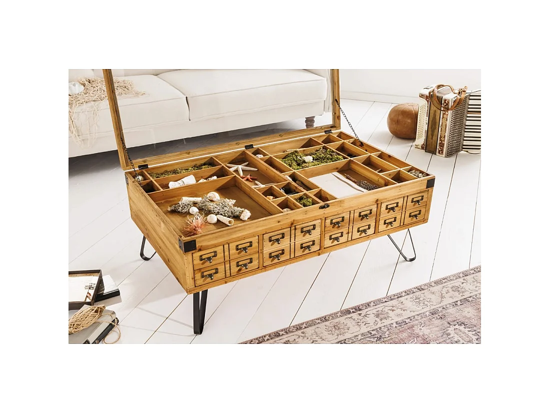 Couchtisch CURIONA 100 cm mit Glasplatte und 8 Schubladen im Industriestil