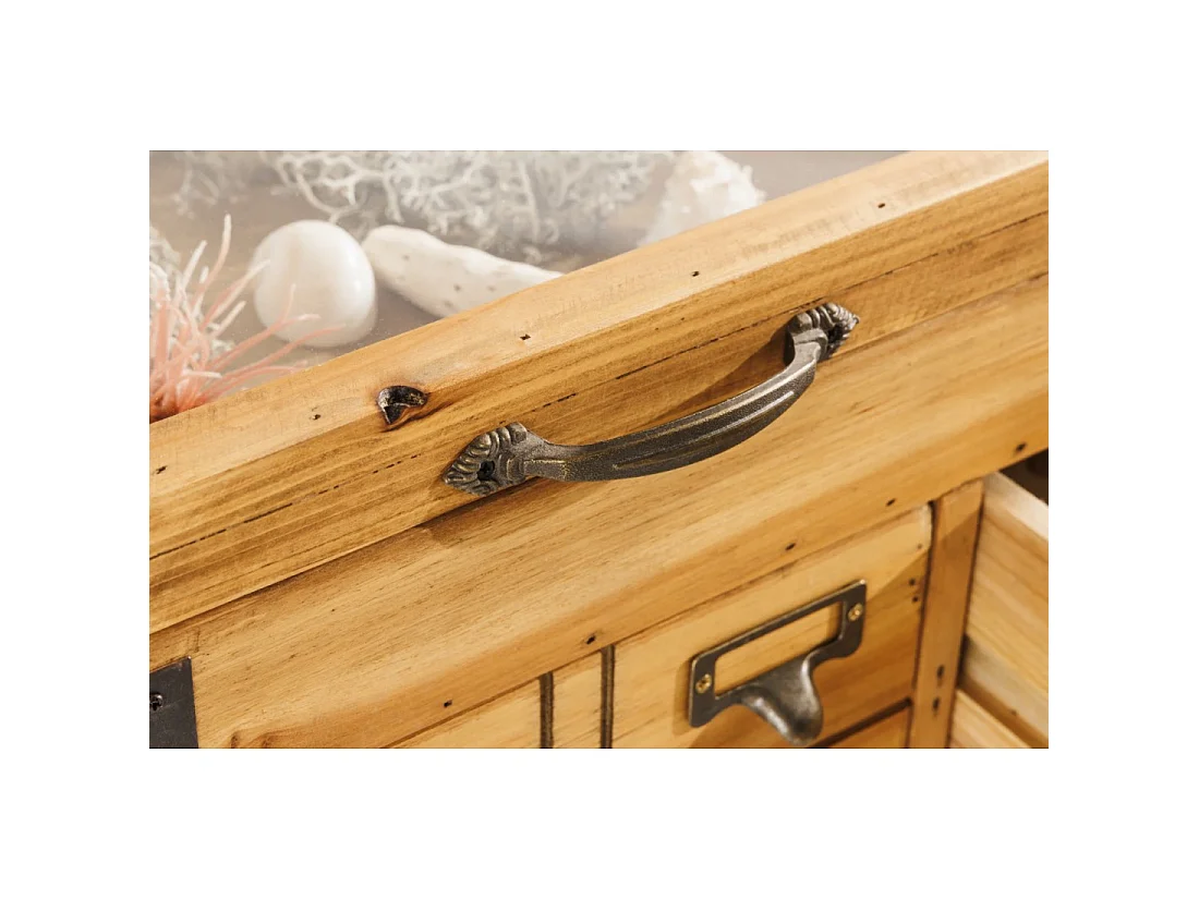 Couchtisch CURIONA 100 cm mit Glasplatte und 8 Schubladen im Industriestil