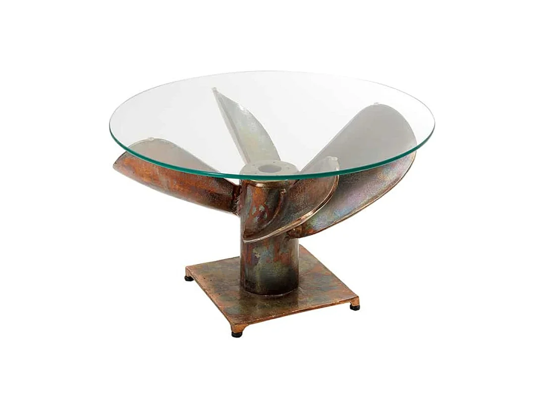 Runder Couchtisch ALUMIA 70 cm aus gehärtetem Glas und Aluminium in Kupfer-Finish – Industriedesign mit Helix