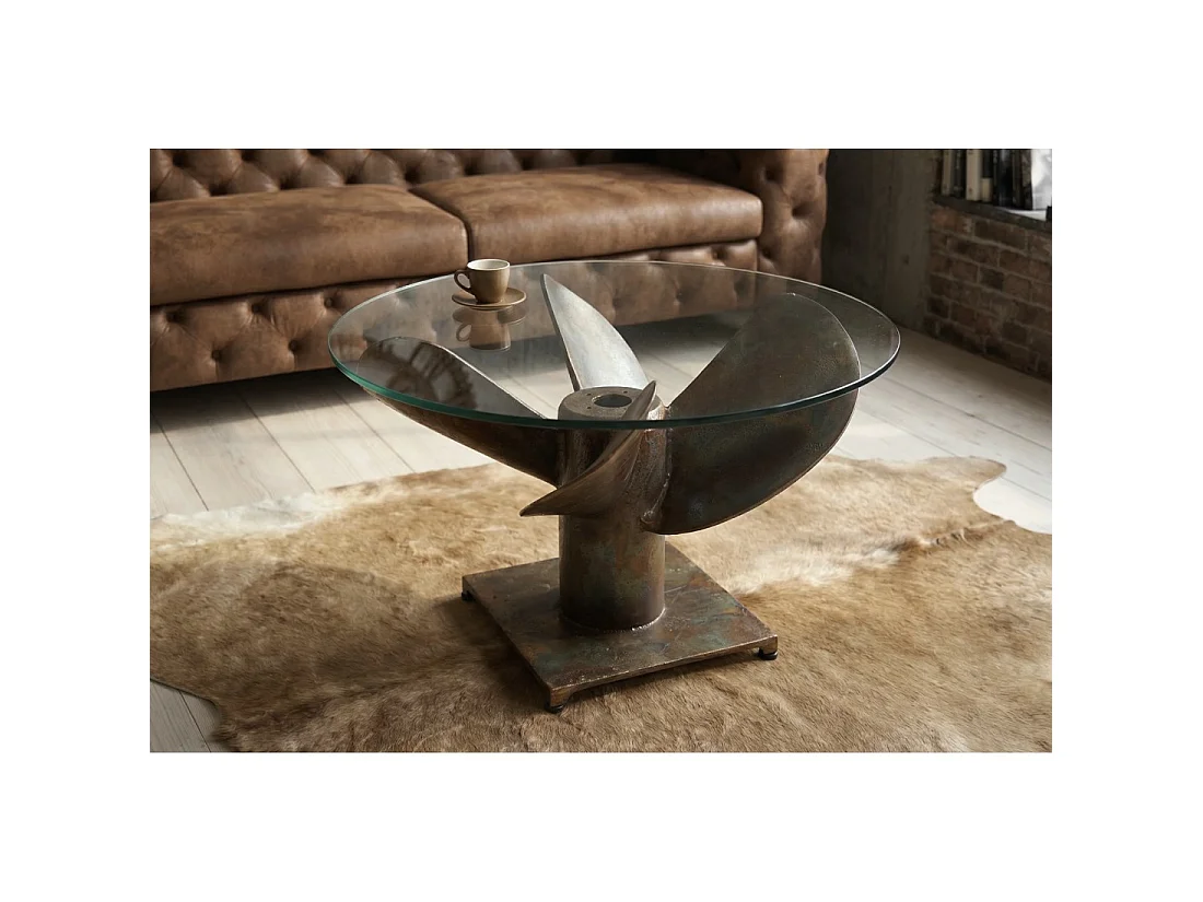Runder Couchtisch ALUMIA 70 cm aus gehärtetem Glas und Aluminium in Kupfer-Finish – Industriedesign mit Helix
