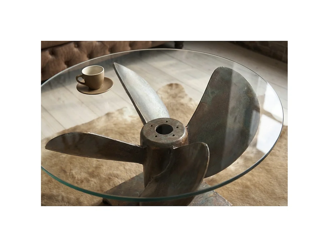 Runder Couchtisch ALUMIA 70 cm aus gehärtetem Glas und Aluminium in Kupfer-Finish – Industriedesign mit Helix