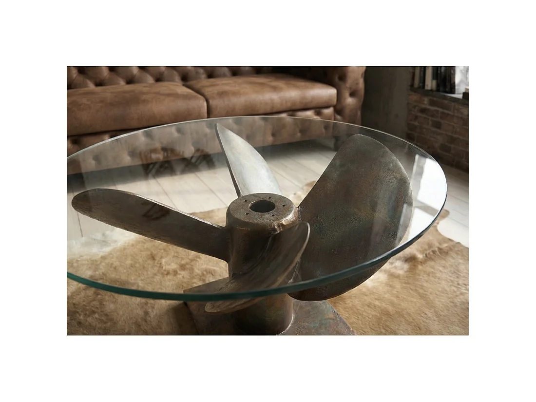Runder Couchtisch ALUMIA 70 cm aus gehärtetem Glas und Aluminium in Kupfer-Finish – Industriedesign mit Helix