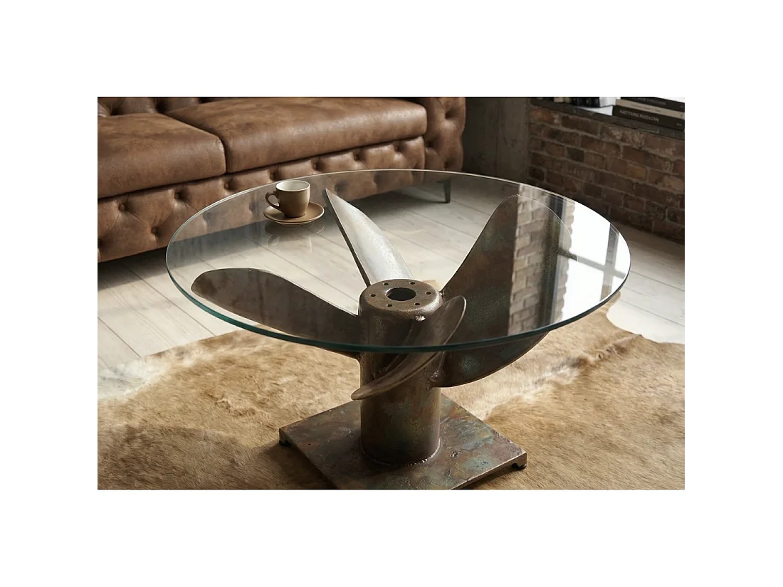 Runder Couchtisch ALUMIA 70 cm aus gehärtetem Glas und Aluminium in Kupfer-Finish – Industriedesign mit Helix