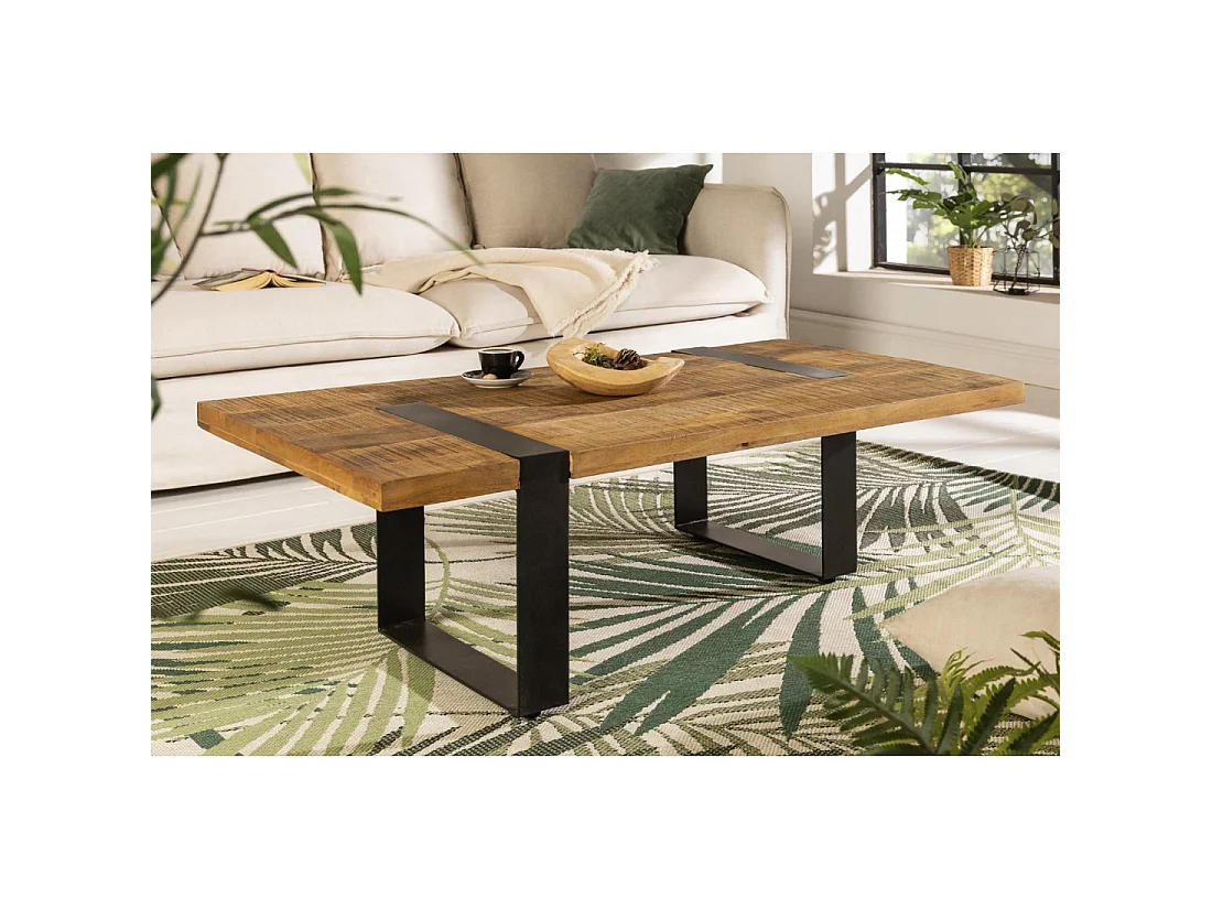 Salontafel LODEN 100 cm massief mangohout en zwart metaal – industrieel ontwerp
