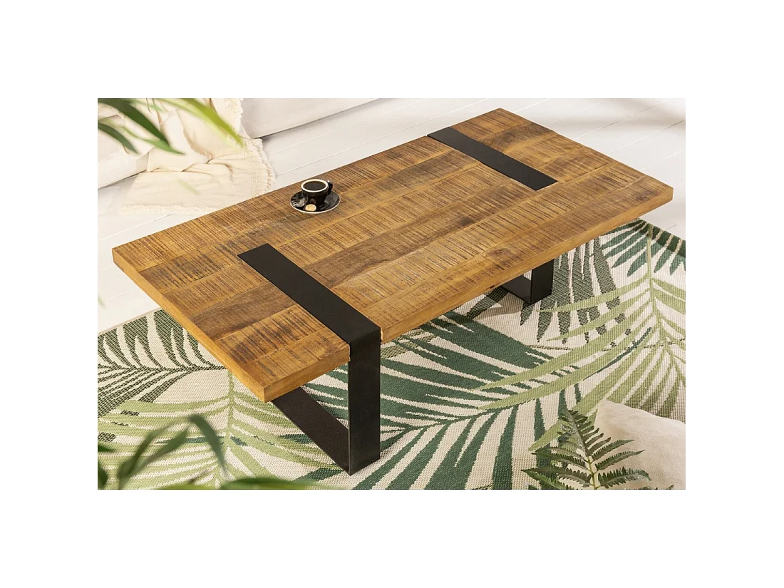 Salontafel LODEN 100 cm massief mangohout en zwart metaal – industrieel ontwerp