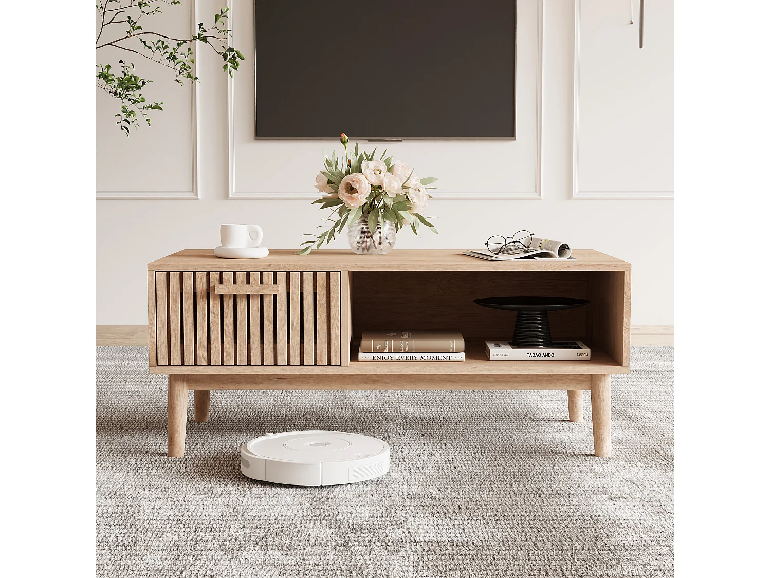 Table Basse en Bois Clair, Style Scandinave, avec Tiroir et Étagère, Multifonctionnelle pour Salon, 100x50x43cm