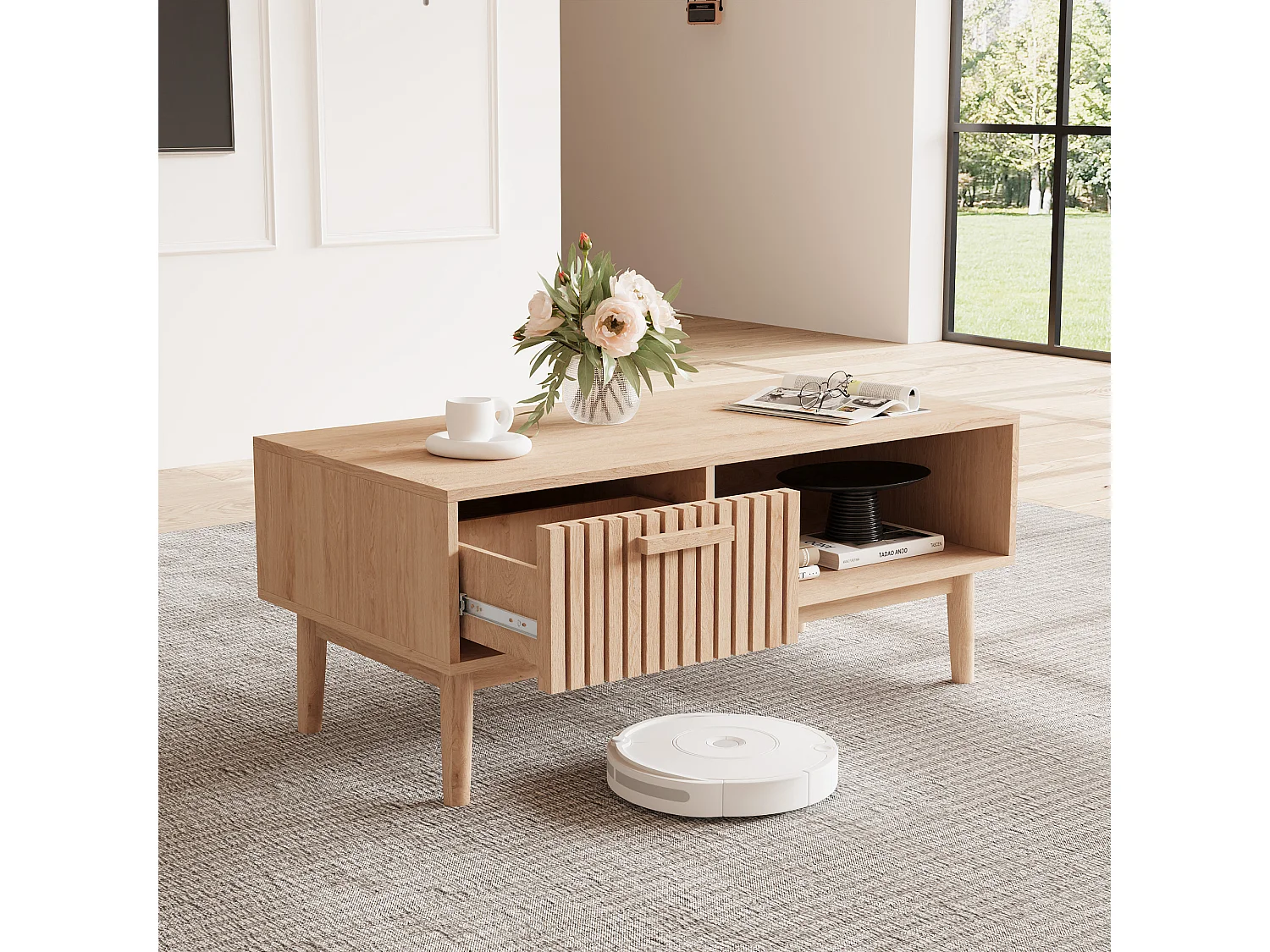 Table Basse en Bois Clair, Style Scandinave, avec Tiroir et Étagère, Multifonctionnelle pour Salon, 100x50x43cm