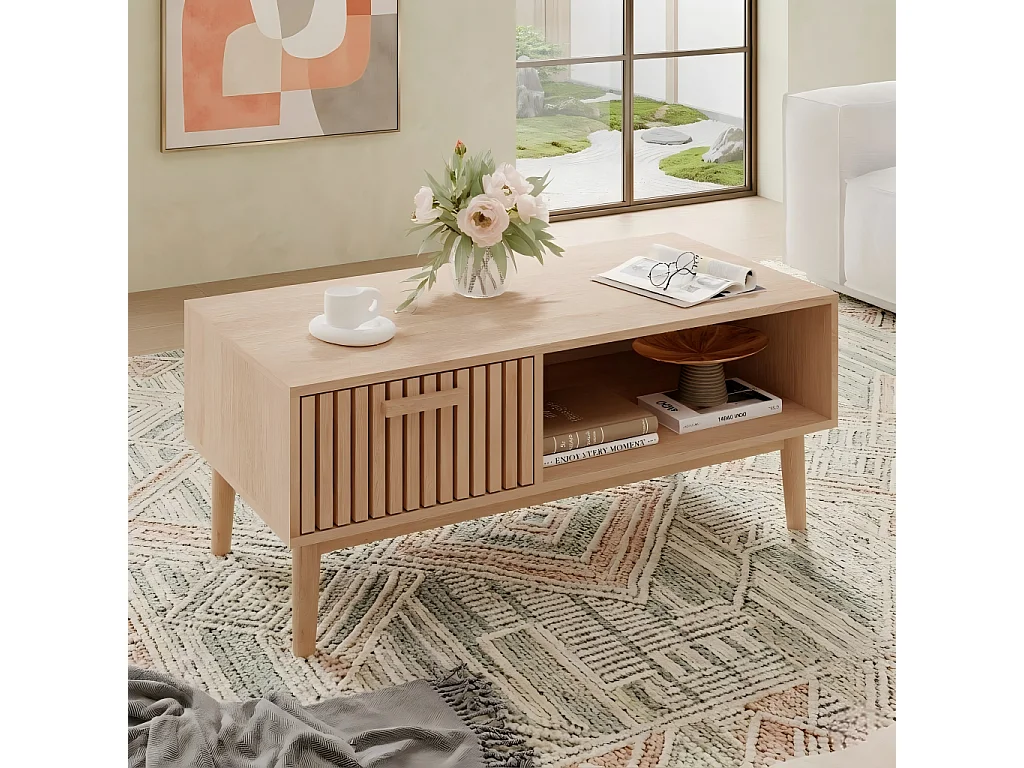 Table Basse en Bois Clair, Style Scandinave, avec Tiroir et Étagère, Multifonctionnelle pour Salon, 100x50x43cm