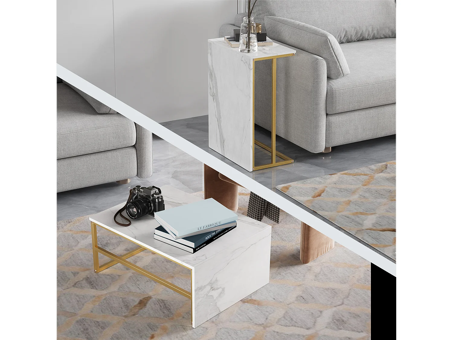 Tables Basses Gigognes Rectangulaires, Lot de 2, Plateau Effet Marbre Blanc, Cadre Métallique Doré, Multifonctionnelles pour Salon Moderne, 105cm
