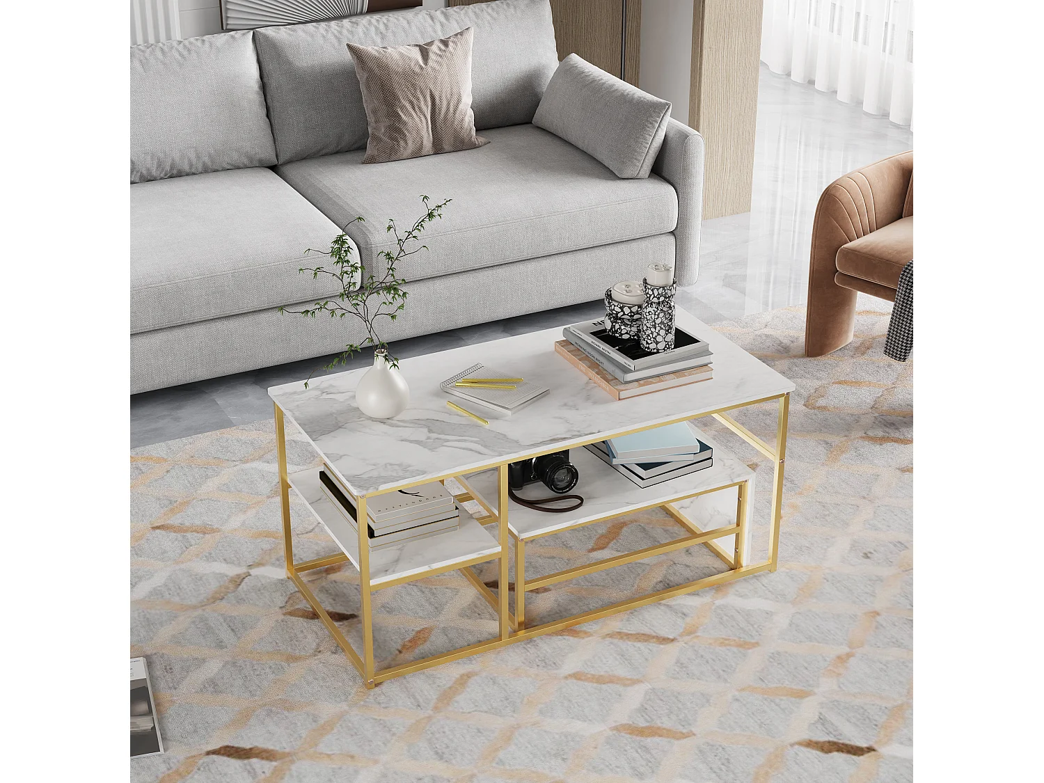 Tables Basses Gigognes Rectangulaires, Lot de 2, Plateau Effet Marbre Blanc, Cadre Métallique Doré, Multifonctionnelles pour Salon Moderne, 105cm