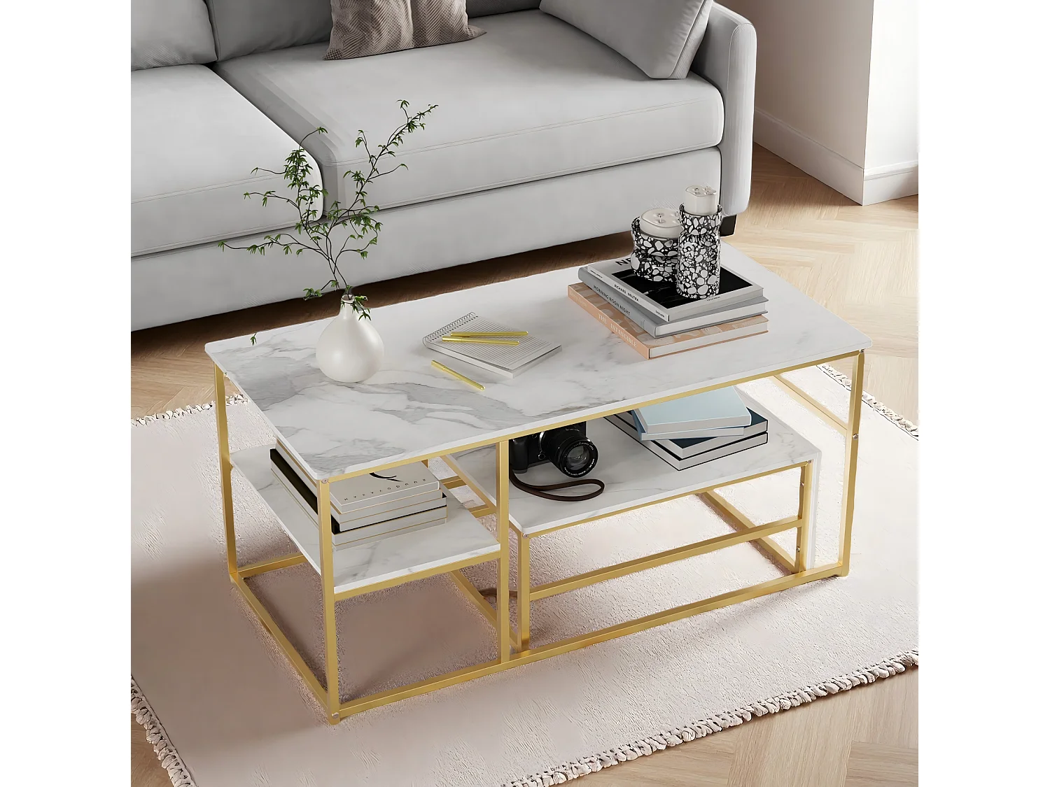 Tables Basses Gigognes Rectangulaires, Lot de 2, Plateau Effet Marbre Blanc, Cadre Métallique Doré, Multifonctionnelles pour Salon Moderne, 105cm