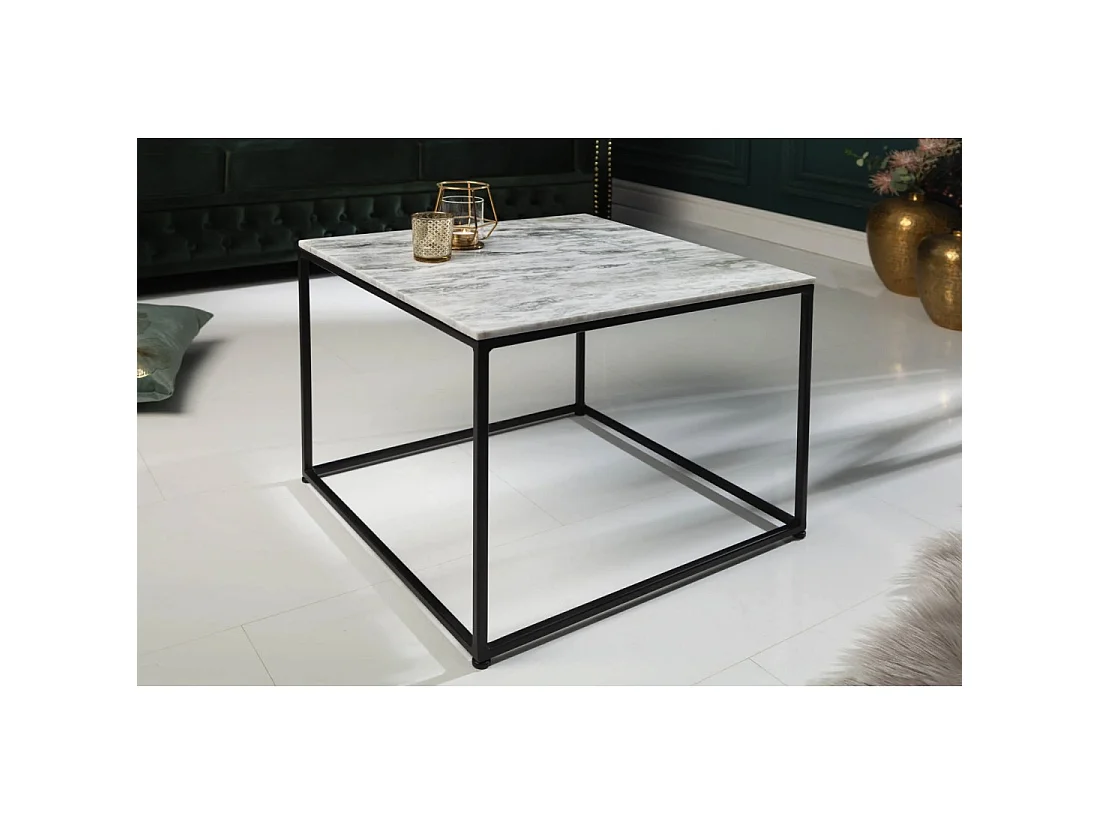 Table basse VORTEX 50 cm en marbre blanc poli avec structure métal noir